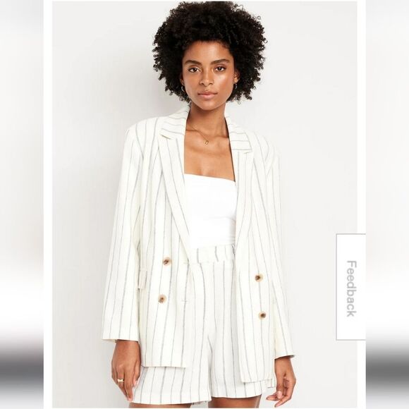 Old Navy Double-Breasted Linen-Blend Blazer Navy Stripe XXL - Picture 1 of 4